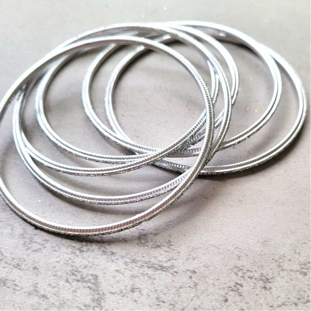 Silver Glitter Thin Metal Bangles Metallics Stack of 6